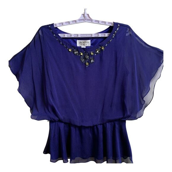 J.R. Nites By Carol Lin Blouse SZ 8 Cobalt Blue Flutter Sleeves Beaded Dressy - Picture 1 of 13